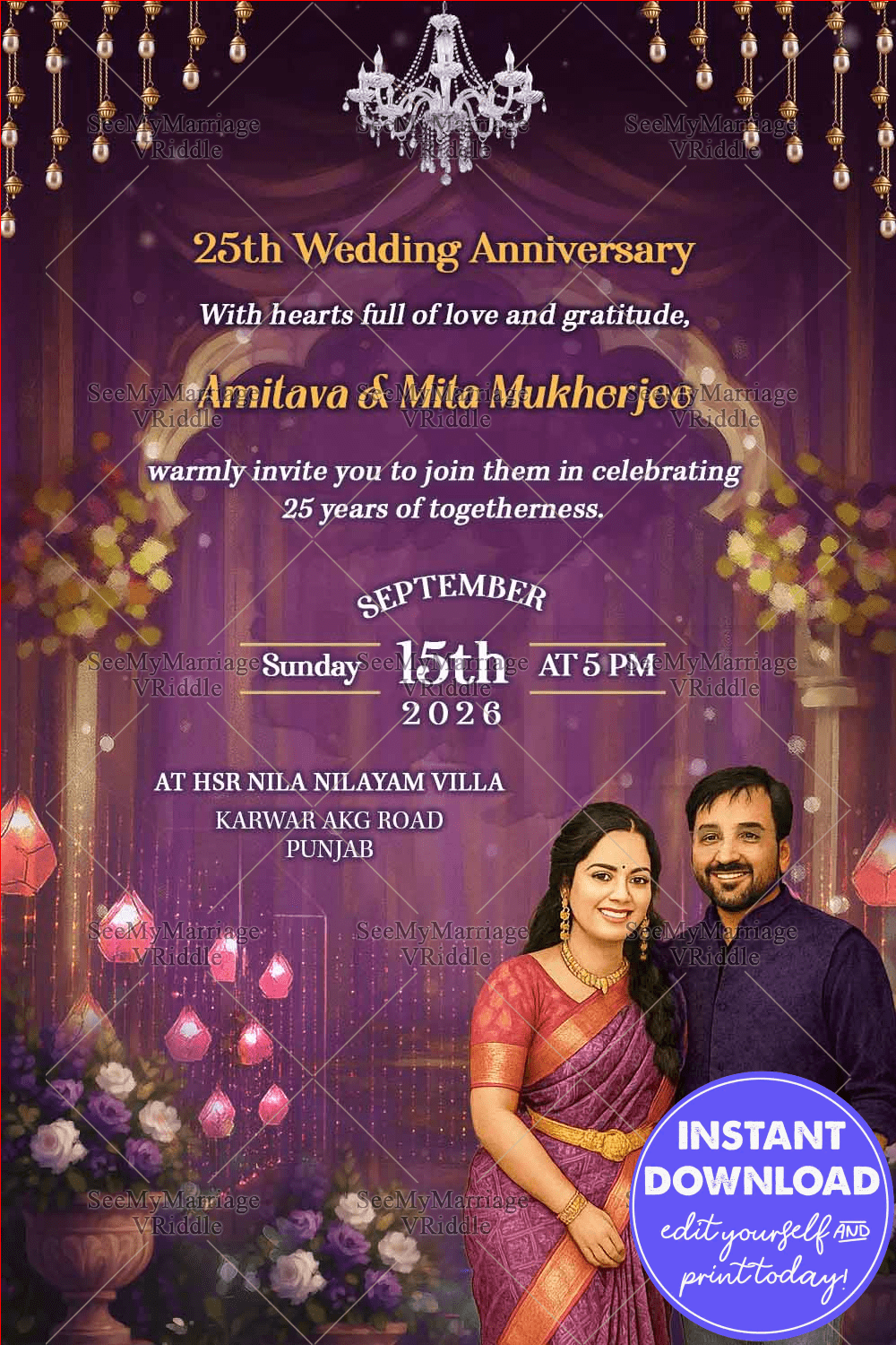 Royal Purple 25th Wedding Anniversary Invitation with Couple Caricature, Floral Grandeur and Golden Glow