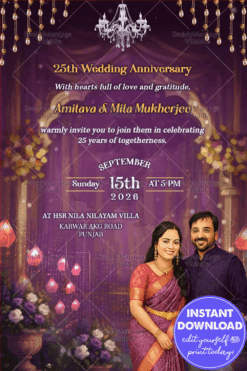 Royal Purple 25th Wedding Anniversary Invitation with Couple Caricature, Floral Grandeur and Golden Glow