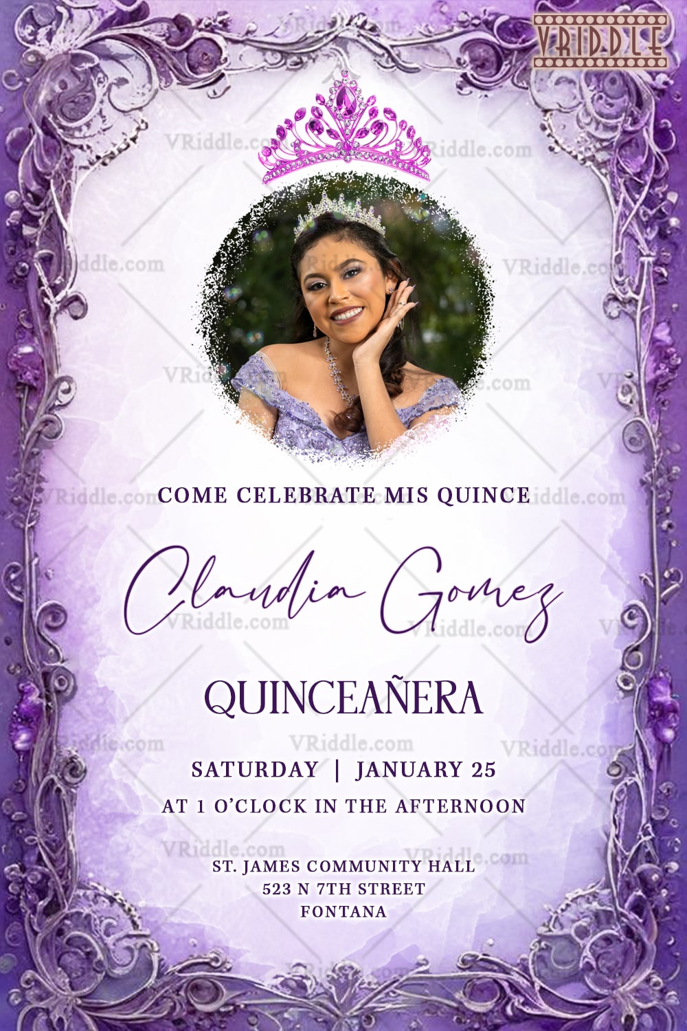 Royal Radiance Quinceañera Invitation with Add Photo Option, Purple Frame and Ornamental Patterns