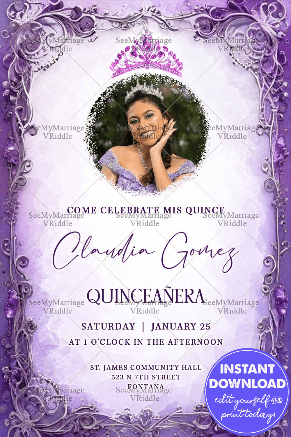 Royal Radiance Quinceañera Invitation with Add Photo Option, Purple Frame and Ornamental Patterns