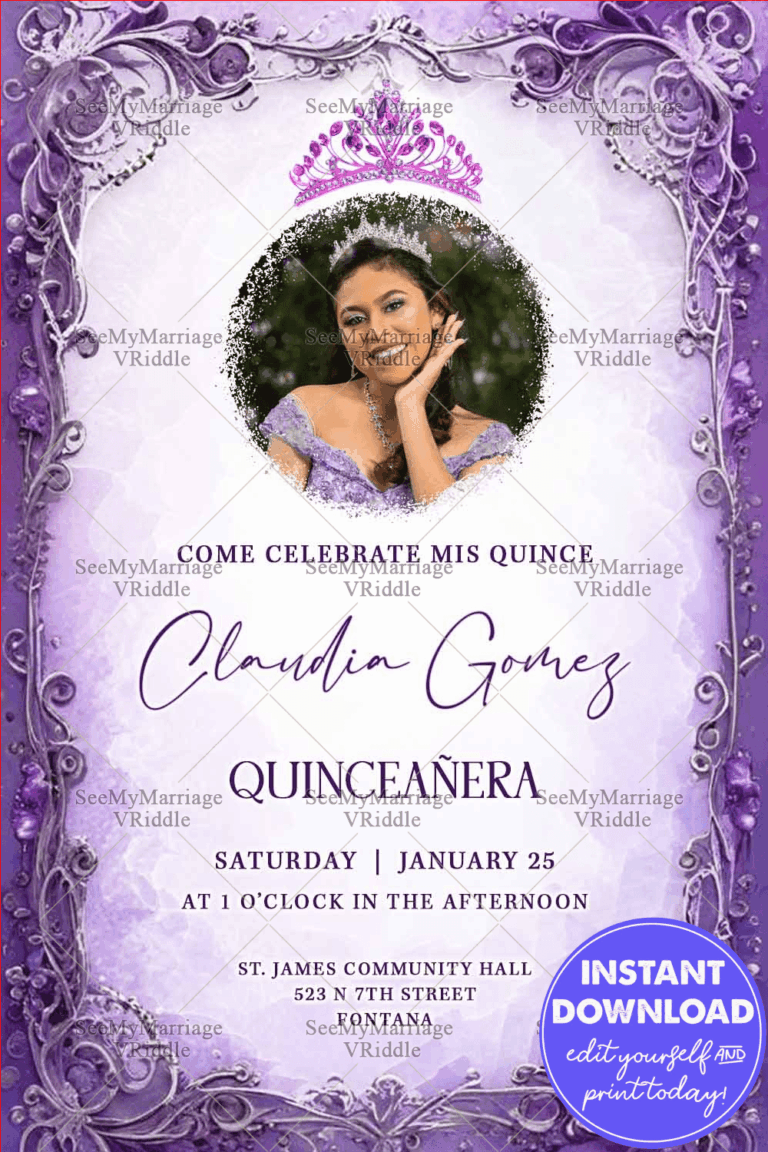 Royal Radiance Quinceañera Invitation with Add Photo Option, Purple Frame and Ornamental Patterns