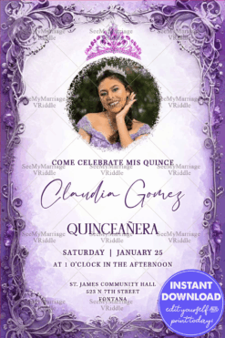 Royal Radiance Quinceañera Invitation with Add Photo Option, Purple Frame and Ornamental Patterns