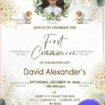 Sacred First Communion Invitation in Green and Gold Glitter, Add Photo Option with Watercolor Floral Motifs