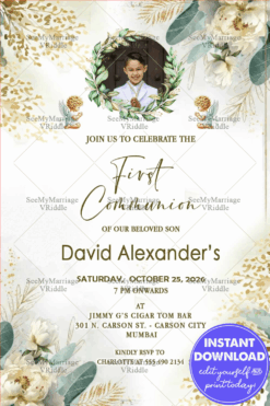 Sacred First Communion Invitation in Green and Gold Glitter, Add Photo Option with Watercolor Floral Motifs
