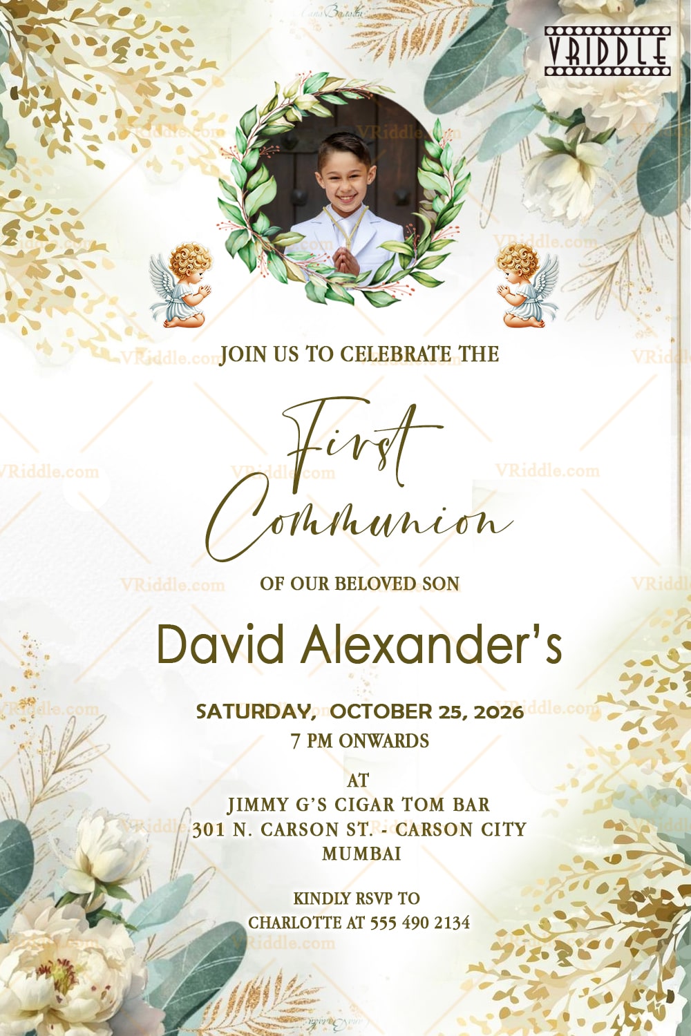 Sacred First Communion Invitation in Green and Gold Glitter, Add Photo Option with Watercolor Floral Motifs