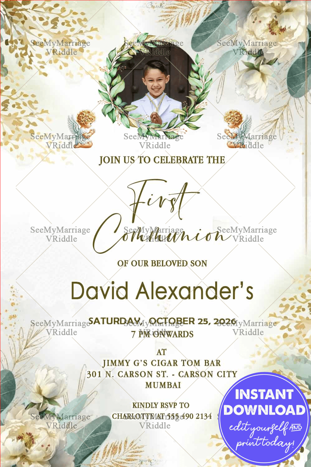 Sacred First Communion Invitation in Green and Gold Glitter, Add Photo Option with Watercolor Floral Motifs