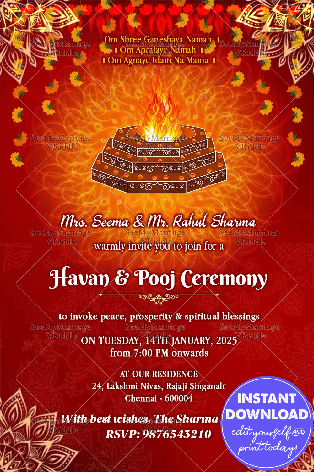 Sacred Havan Pooja Ceremony Invitation with Divine Mandala, Floral Garlands and Vibrant Red Background with Mandala Design