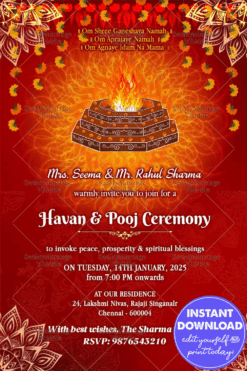 Sacred Havan Pooja Ceremony Invitation with Divine Mandala, Floral Garlands and Vibrant Red Background with Mandala Design