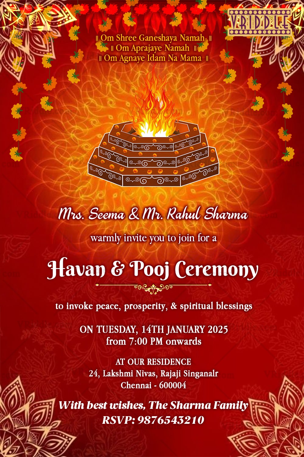 Sacred Havan Pooja Ceremony Invitation with Divine Mandala, Floral Garlands and Vibrant Red Background with Mandala Design