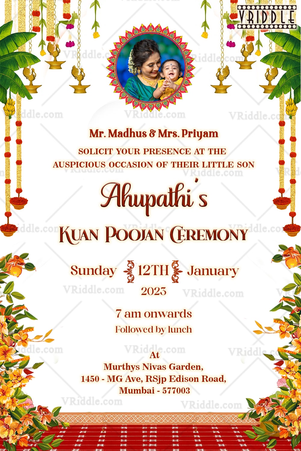 Sacred Kuan Poojan Invitation with Mom’s Photo, Hanging Lamps, Floral Borders & Traditional Red Carpet