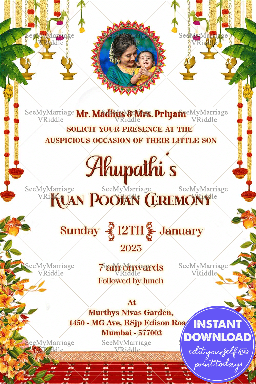 Sacred Kuan Poojan Invitation with Mom’s Photo, Hanging Lamps, Floral Borders & Traditional Red Carpet