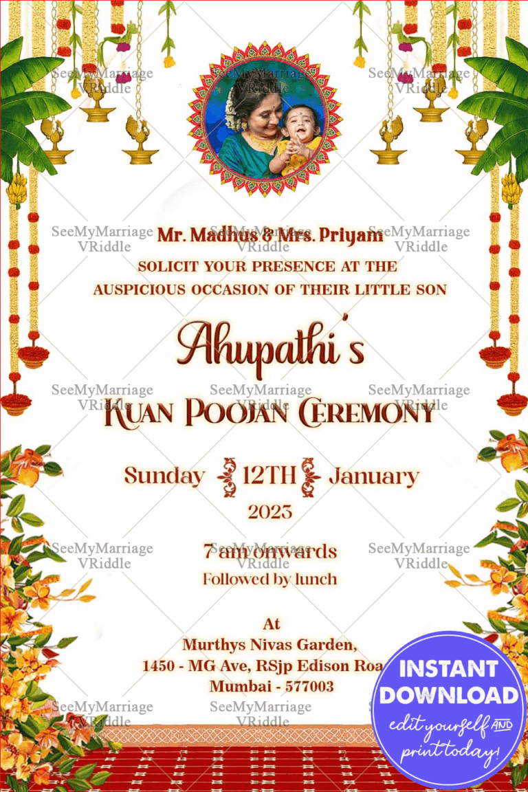 Sacred Kuan Poojan Invitation with Mom’s Photo, Hanging Lamps, Floral Borders & Traditional Red Carpet