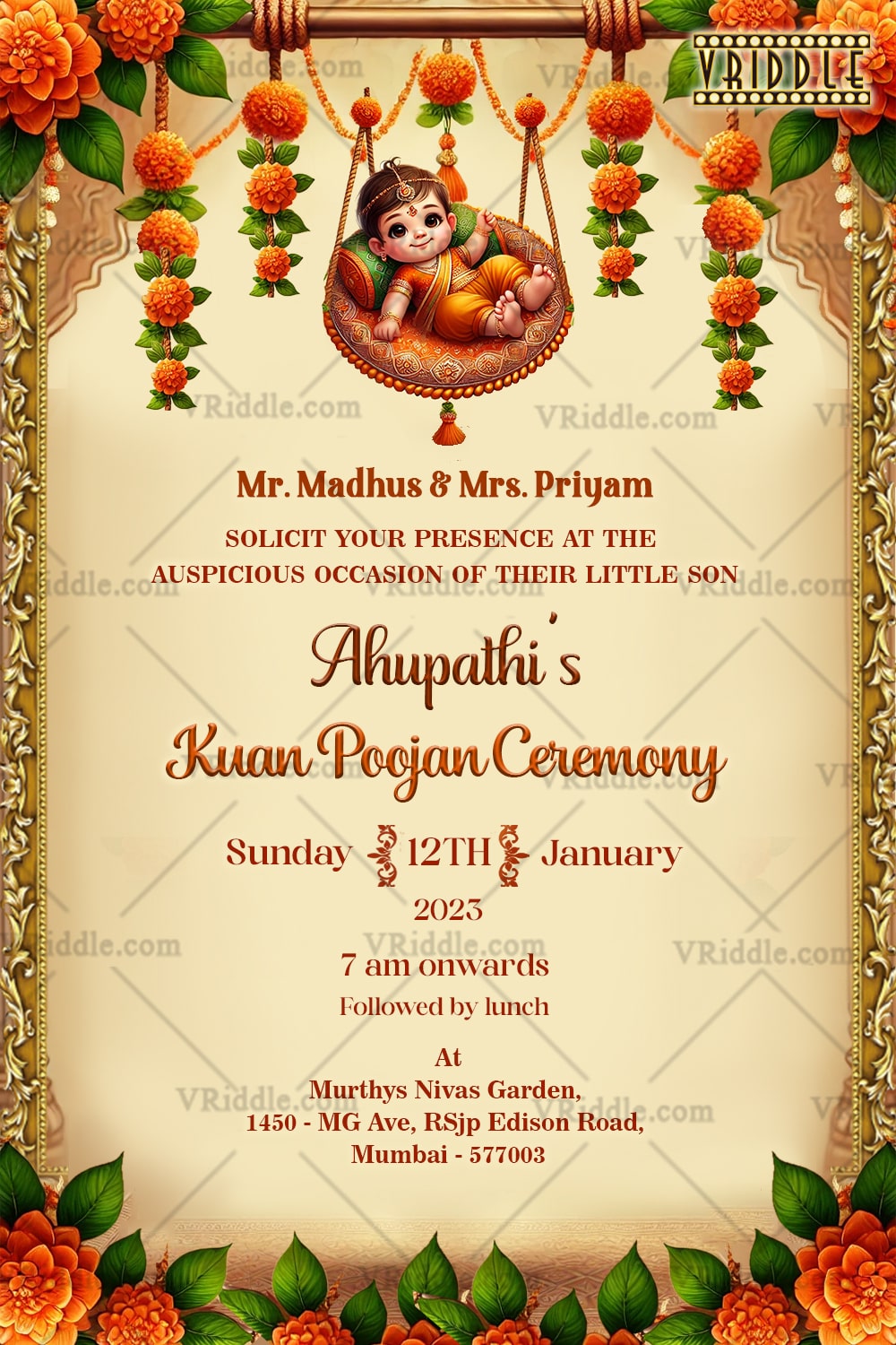 Sacred Marigold Kuan Poojan Invitation with Baby Swing Motif and Ornate Golden Frame