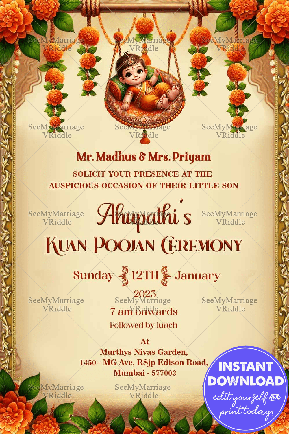 Sacred Marigold Kuan Poojan Invitation with Baby Swing Motif and Ornate Golden Frame
