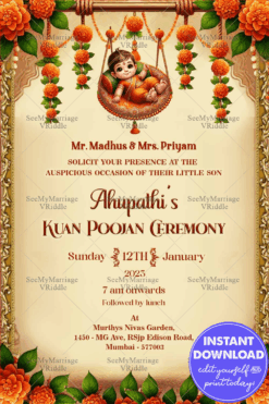 Sacred Marigold Kuan Poojan Invitation with Baby Swing Motif and Ornate Golden Frame