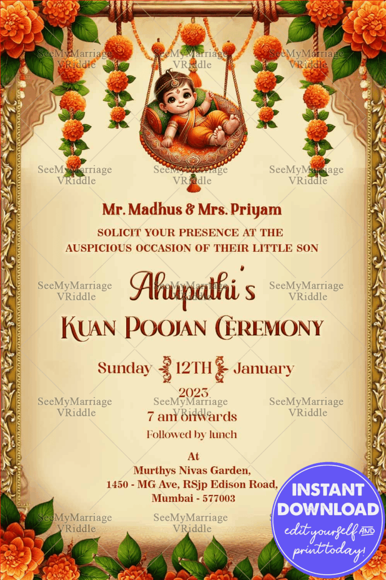 Sacred Marigold Kuan Poojan Invitation with Baby Swing Motif and Ornate Golden Frame