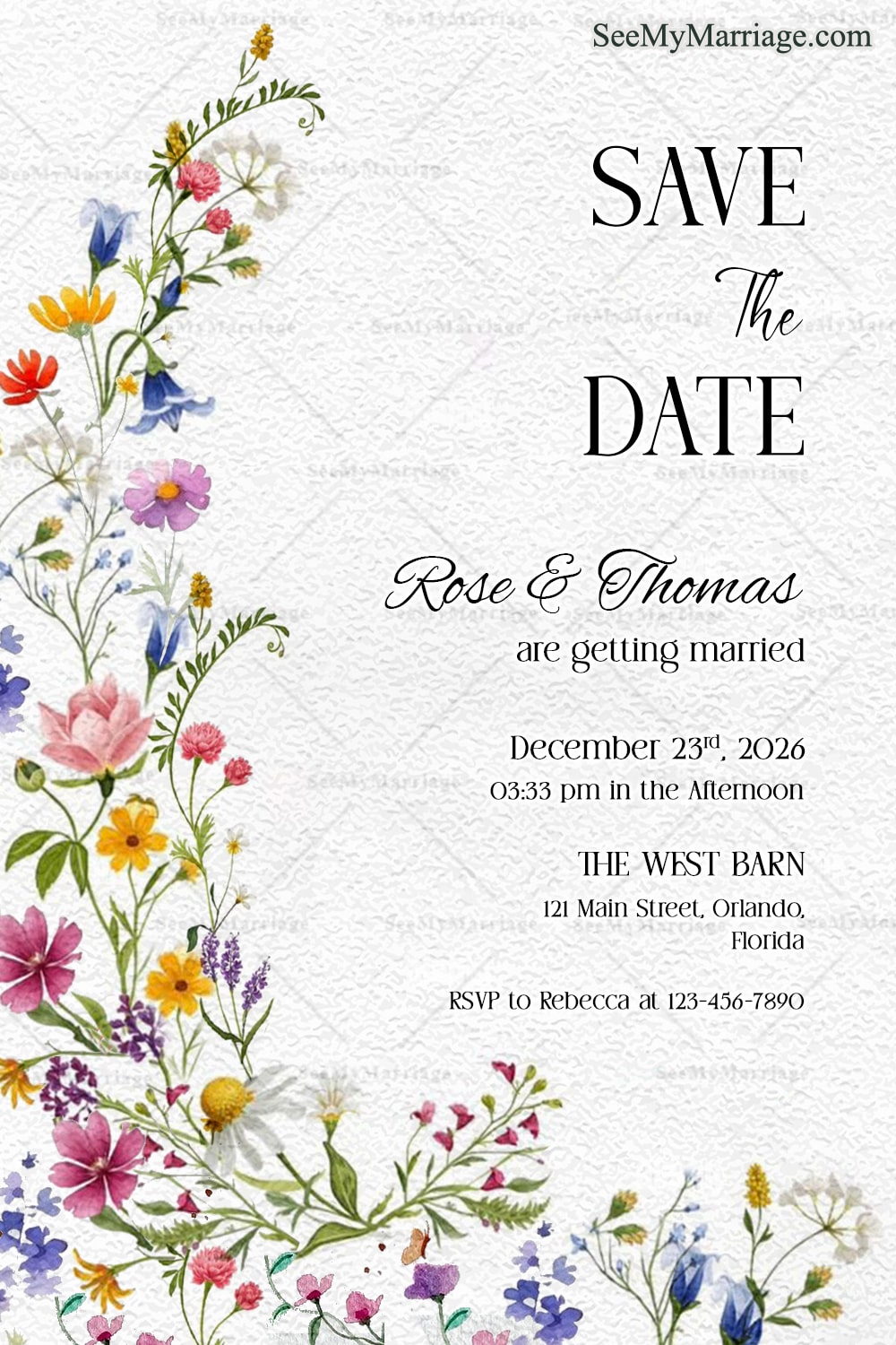 Save the Date Invitation Card Featuring Wildflowers and Classic Script for a Romantic Garden Wedding