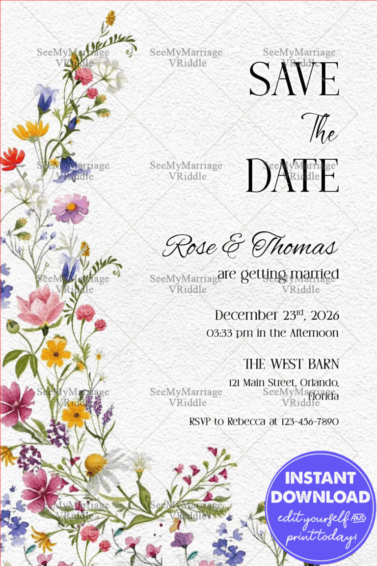 Save the Date Invitation Card Featuring Wildflowers and Classic Script for a Romantic Garden Wedding