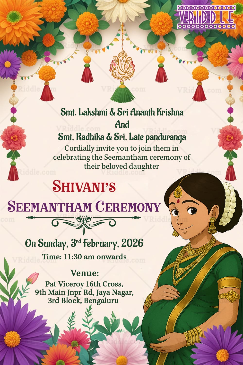 South Indian Ghibli Seemantham Ceremony Card with Traditional Saree Illustration and Floral Decor