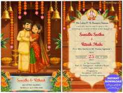 South Indian Ghibli Wedding Invitation with Couple Illustration and Temple-Themed Backdrop with golden bells and Marigold Decor