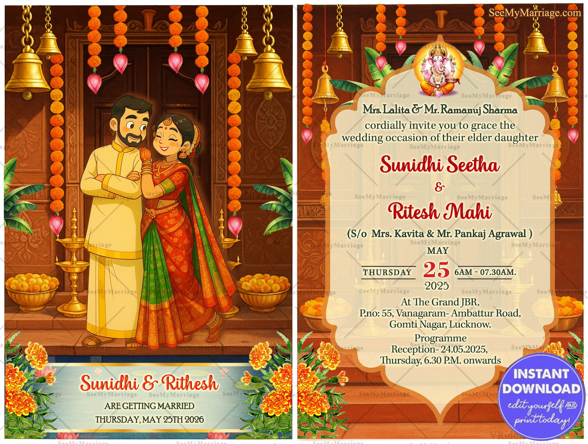 South Indian Ghibli Wedding Invitation with Couple Illustration and Temple-Themed Backdrop with golden bells and Marigold Decor