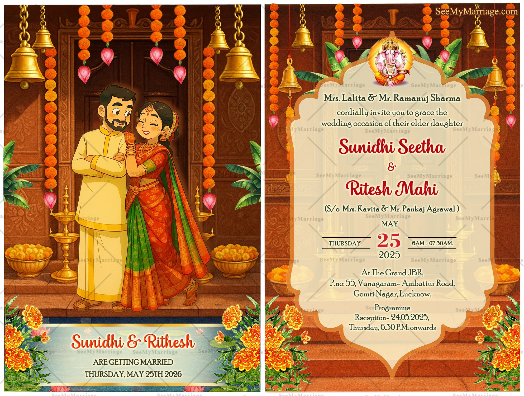 South Indian Ghibli Wedding Invitation with Couple Illustration and Temple-Themed Backdrop with golden bells and Marigold Decor