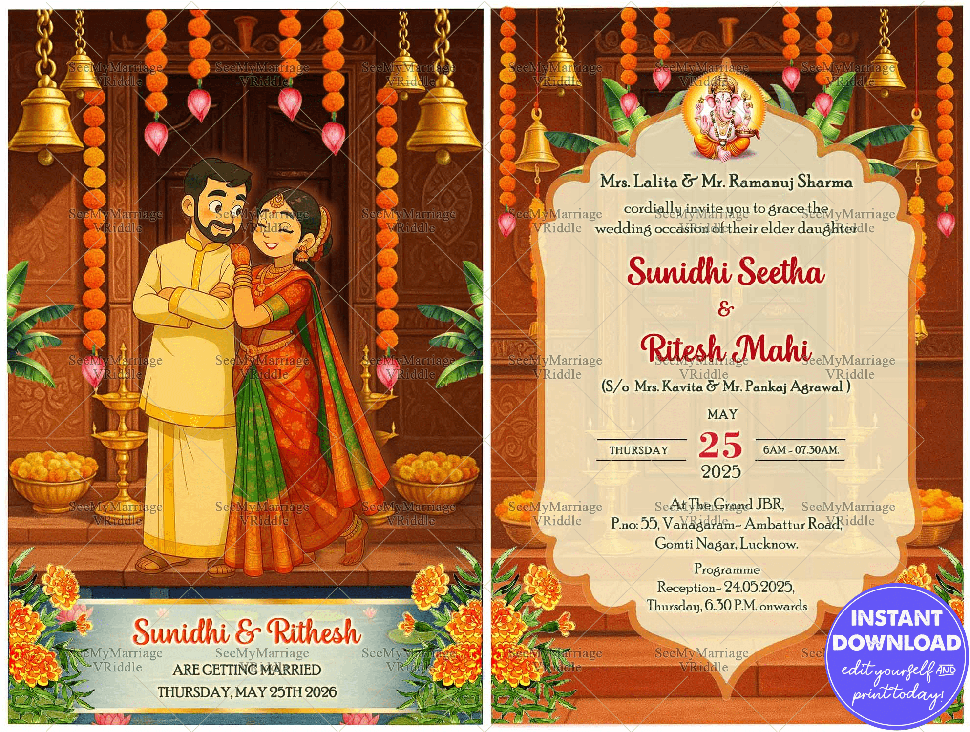 South Indian Ghibli Wedding Invitation with Couple Illustration and Temple-Themed Backdrop with golden bells and Marigold Decor
