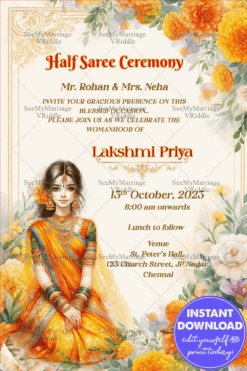 Sunshine Yellow Half Saree Ceremony Invitation with Floral Elegance, South Indian Marigold Blooms & Watercolor Charm