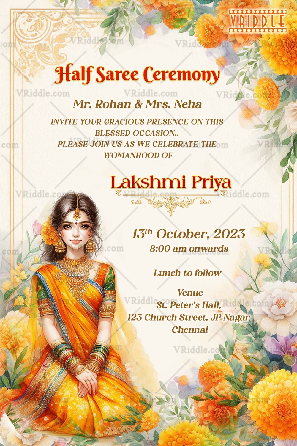 Sunshine Yellow Half Saree Ceremony Invitation with Floral Elegance, South Indian Marigold Blooms & Watercolor Charm