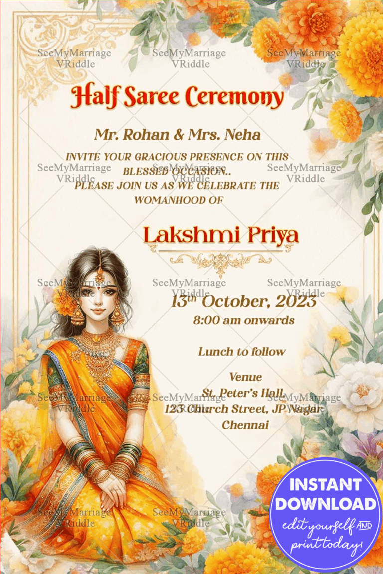 Sunshine Yellow Half Saree Ceremony Invitation with Floral Elegance, South Indian Marigold Blooms & Watercolor Charm