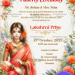 Radiant Blossoms Puberty Ceremony Invitation Featuring a Watercolor Girl Illustration Cultural Warmth Soft Tones of Orange Pink