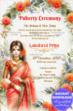 Radiant Blossoms Puberty Ceremony Invitation Featuring a Watercolor Girl Illustration Cultural Warmth Soft Tones of Orange Pink