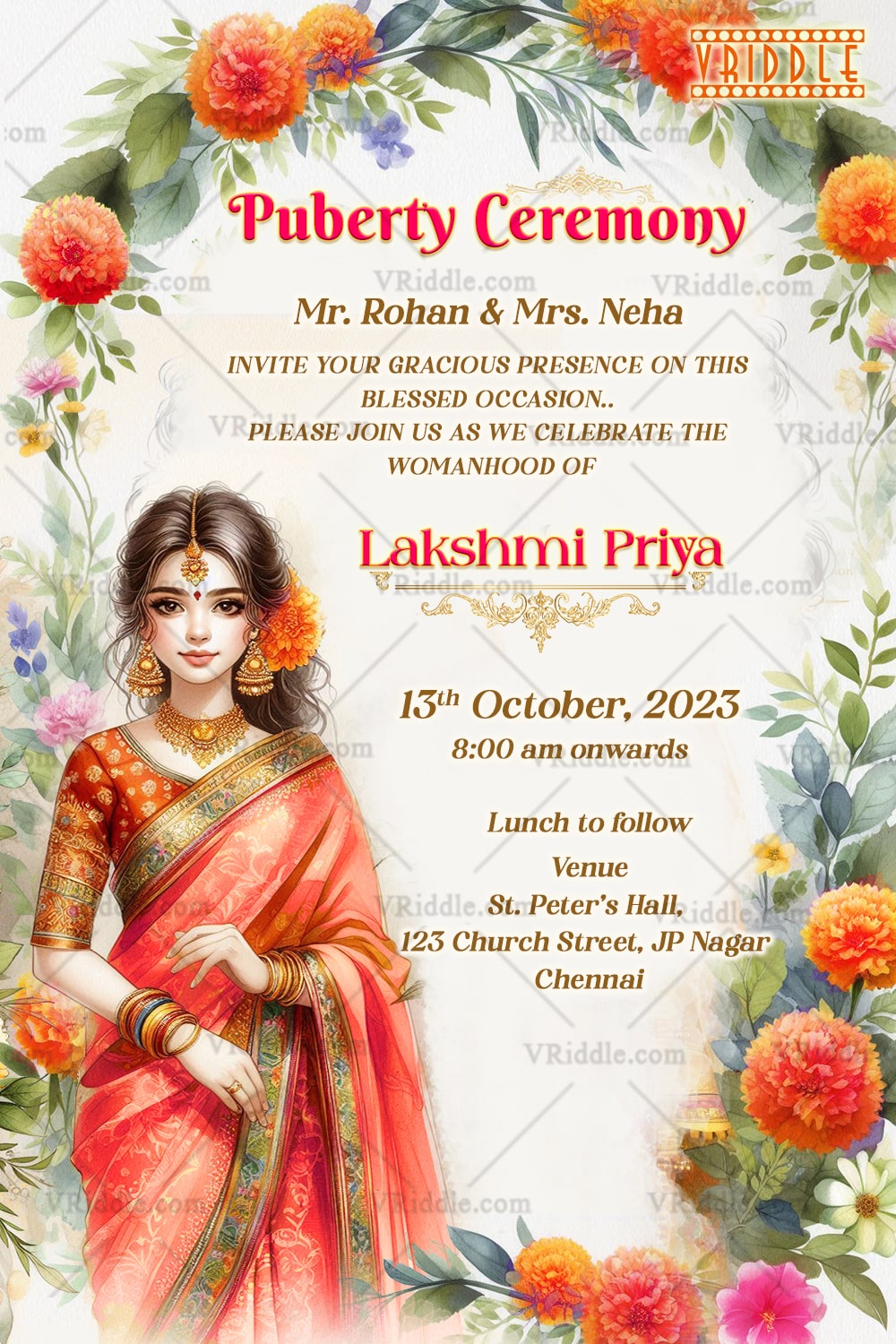 Radiant Blossoms Puberty Ceremony Invitation Featuring a Watercolor Girl Illustration Cultural Warmth Soft Tones of Orange Pink