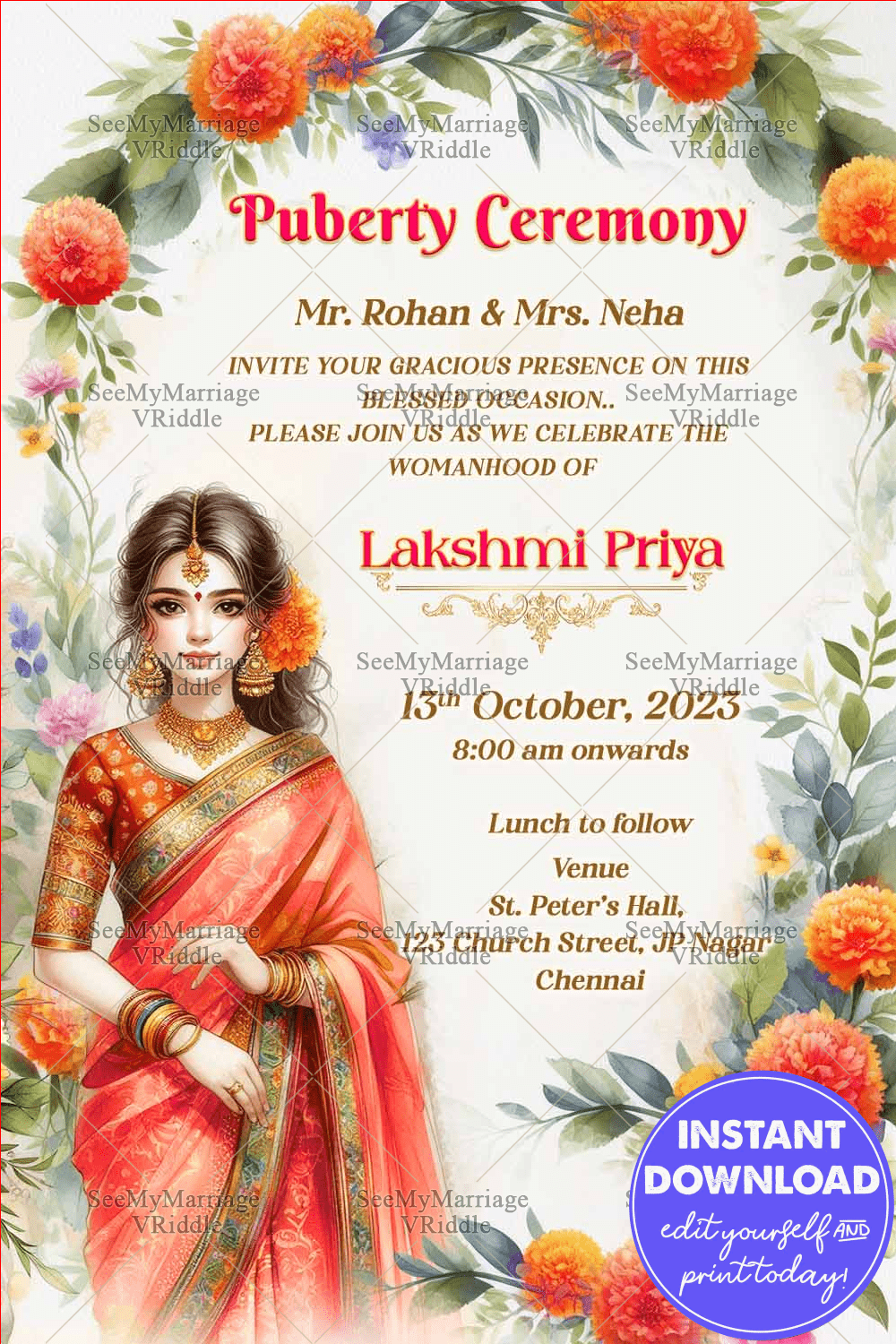 Radiant Blossoms Puberty Ceremony Invitation Featuring a Watercolor Girl Illustration Cultural Warmth Soft Tones of Orange Pink