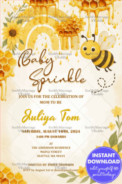 Sweet Honey Bee Baby Sprinkle Invitation with Sunflowers, Honeycombs, and Dripping Honey Accents