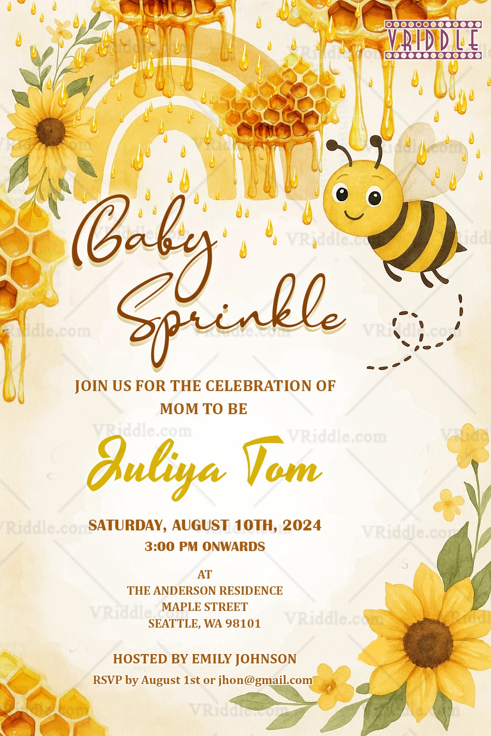Sweet Honey Bee Baby Sprinkle Invitation with Sunflowers, Honeycombs, and Dripping Honey Accents