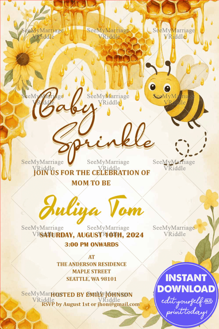 Sweet Honey Bee Baby Sprinkle Invitation with Sunflowers, Honeycombs, and Dripping Honey Accents