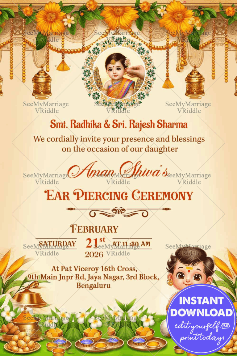 Traditional Golden Glow Ear Piercing Ceremony Invitation Card with Marigold garlands, Baby Illustration and saffron tones with Add Photo Option