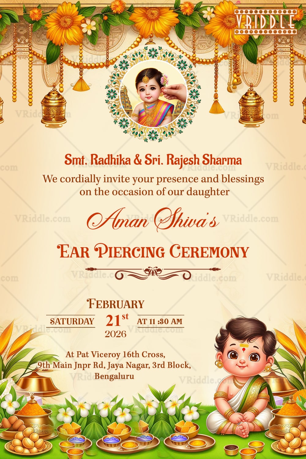 Traditional Golden Glow Ear Piercing Ceremony Invitation Card with Marigold garlands, Baby Illustration and saffron tones with Add Photo Option