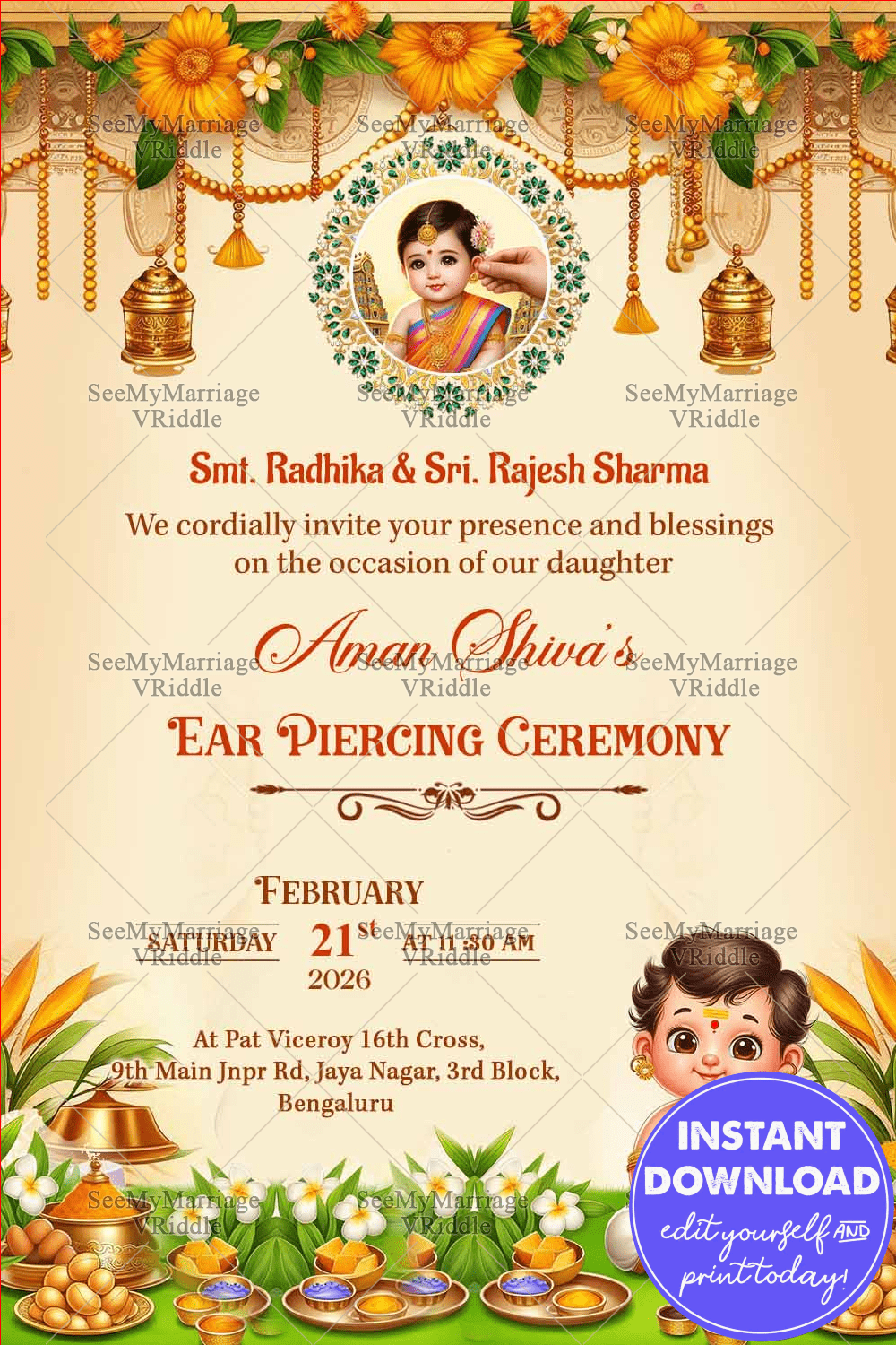 Traditional Golden Glow Ear Piercing Ceremony Invitation Card with Marigold garlands, Baby Illustration and saffron tones with Add Photo Option