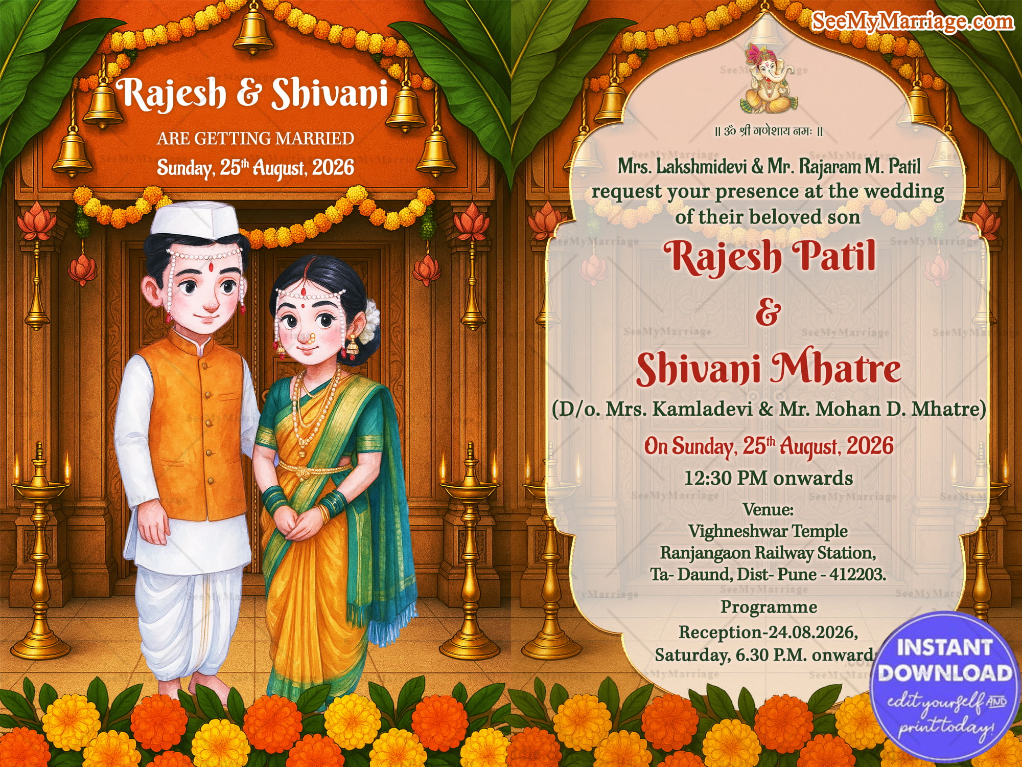 This beautifully crafted two-fold Marathi wedding invitation card exudes traditional charm and cultural elegance.The left side features a delightful illustration of the bride and groom, Rajesh and Shivani, dressed in traditional Maharashtrian attire. Rajesh is seen in a white dhoti-kurta with a saffron Nehru jacket and a Gandhi cap, while Shivani dons a classic green and mustard-yellow nauvari saree adorned with traditional jewelry. They stand gracefully in front of a carved wooden door, surrounded by banana leaves, golden bells, marigold garlands, and oil lamps—capturing the essence of a sacred Maharashtrian wedding setting.The right side of the card provides the wedding details in a decorative arch-shaped frame, embellished with hanging bells, banana leaves, and marigold flowers. #MarathiWeddingInvitation #TraditionalWeddingCard #MaharashtrianBrideAndGroom #BananaLeafDecor #MarigoldGarlandTheme #EthnicWeddingInvite #IndianWeddingCardDesign #TempleStyleInvitation #CulturalWeddingCard #RajeshAndShivaniWedding #DesiWeddingInvite #MaharashtrianWeddingTheme #IllustratedWeddingCard #ClassicWeddingInvitation #WeddingCardWithCoupleArt #SouthIndianWeddingStyle #FloralWeddingInvitation #WeddingMandapDesign #TraditionalHinduWedding #SeeMyMarriageInvite