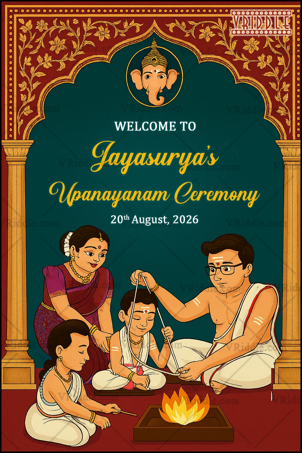 Devotion-Filled Upanayanam Ceremony Welcome Sign Board with Sacred Family Ritual Illustration