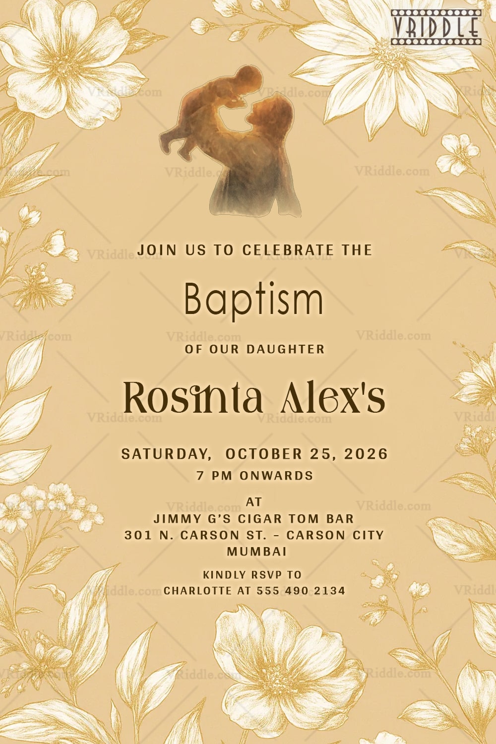 Vintage Baptism Invitation with Floral Grace and Golden Bloom with Soft Floral Sketches