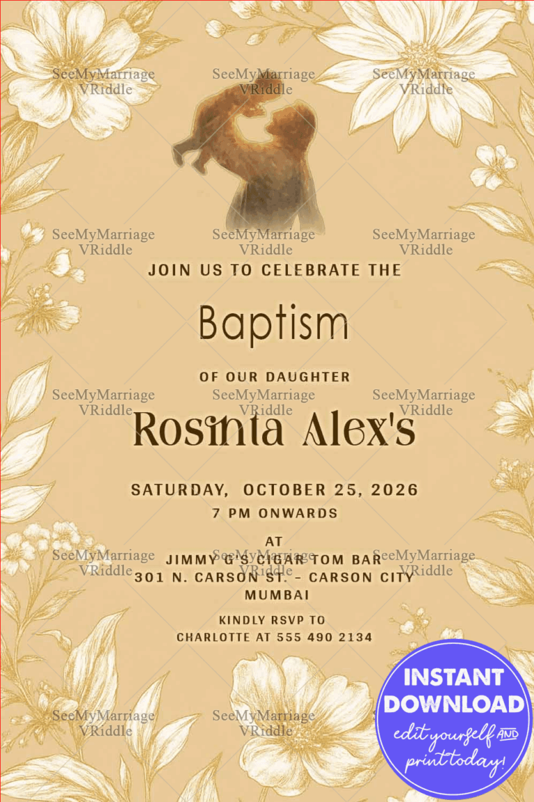 Vintage Baptism Invitation with Floral Grace and Golden Bloom with Soft Floral Sketches