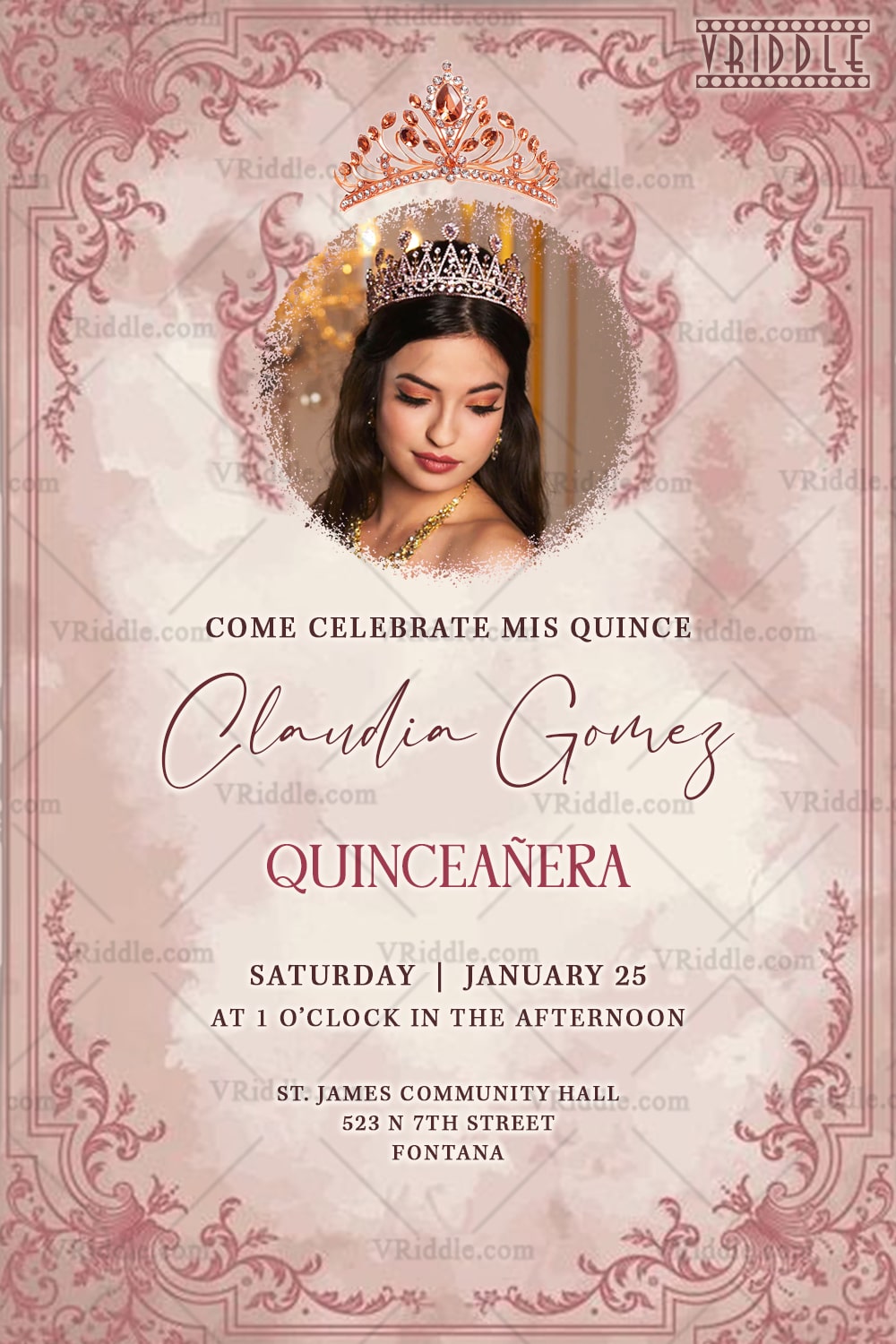 Vintage Frame Quinceañera Invitation with Regal Crown, Add Photo Option & Delicate Ornamental Details