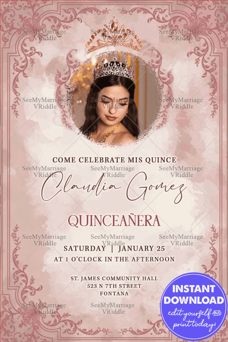 Vintage Frame Quinceañera Invitation with Regal Crown, Add Photo Option & Delicate Ornamental Details