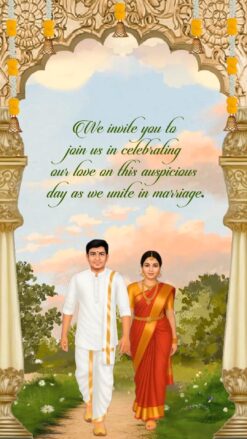 Walking Couple Brahmin Wedding Invitation video with South Indian Bride Groom Illustration and Peacock, Rabbit