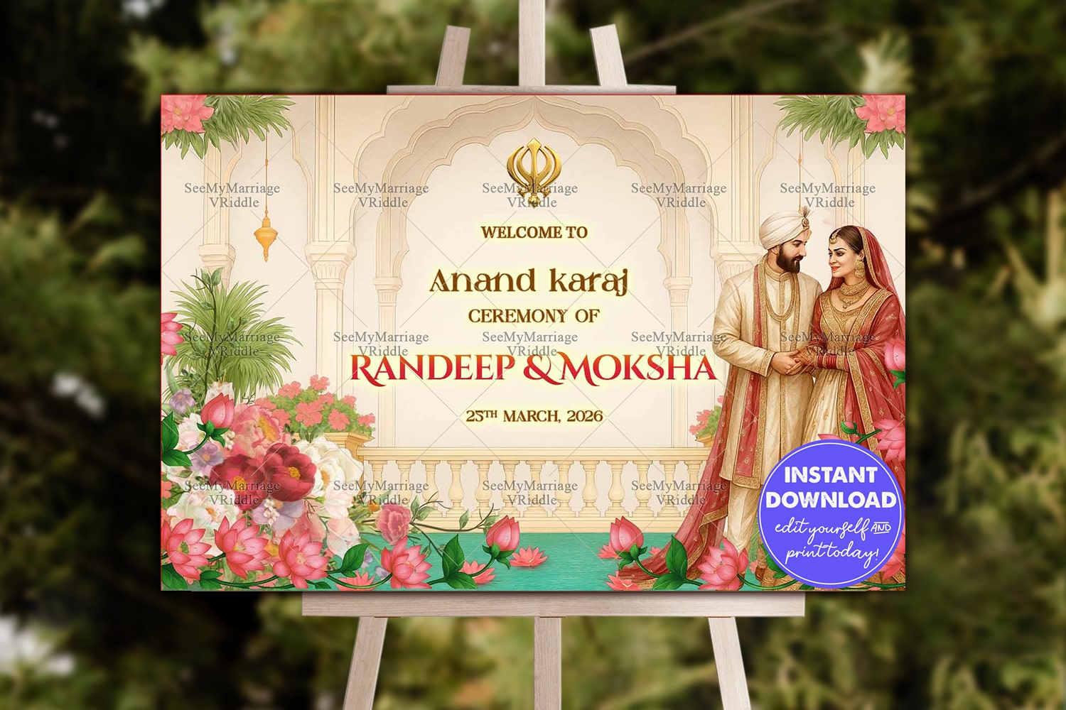 Royal Punjabi Anand Karaj Wedding Welcome Sign Board with Couple Illustration and Floral Mandap