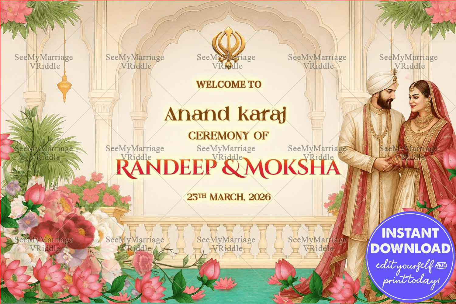 Royal Punjabi Anand Karaj Wedding Welcome Sign Board with Couple Illustration and Floral Mandap