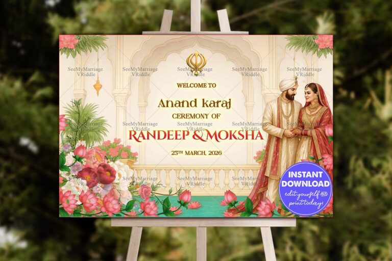 Royal Punjabi Anand Karaj Wedding Welcome Sign Board with Couple Illustration and Floral Mandap